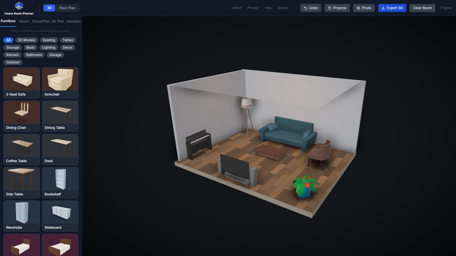 A furnished living room layout in the Home Room Planner 3D editor